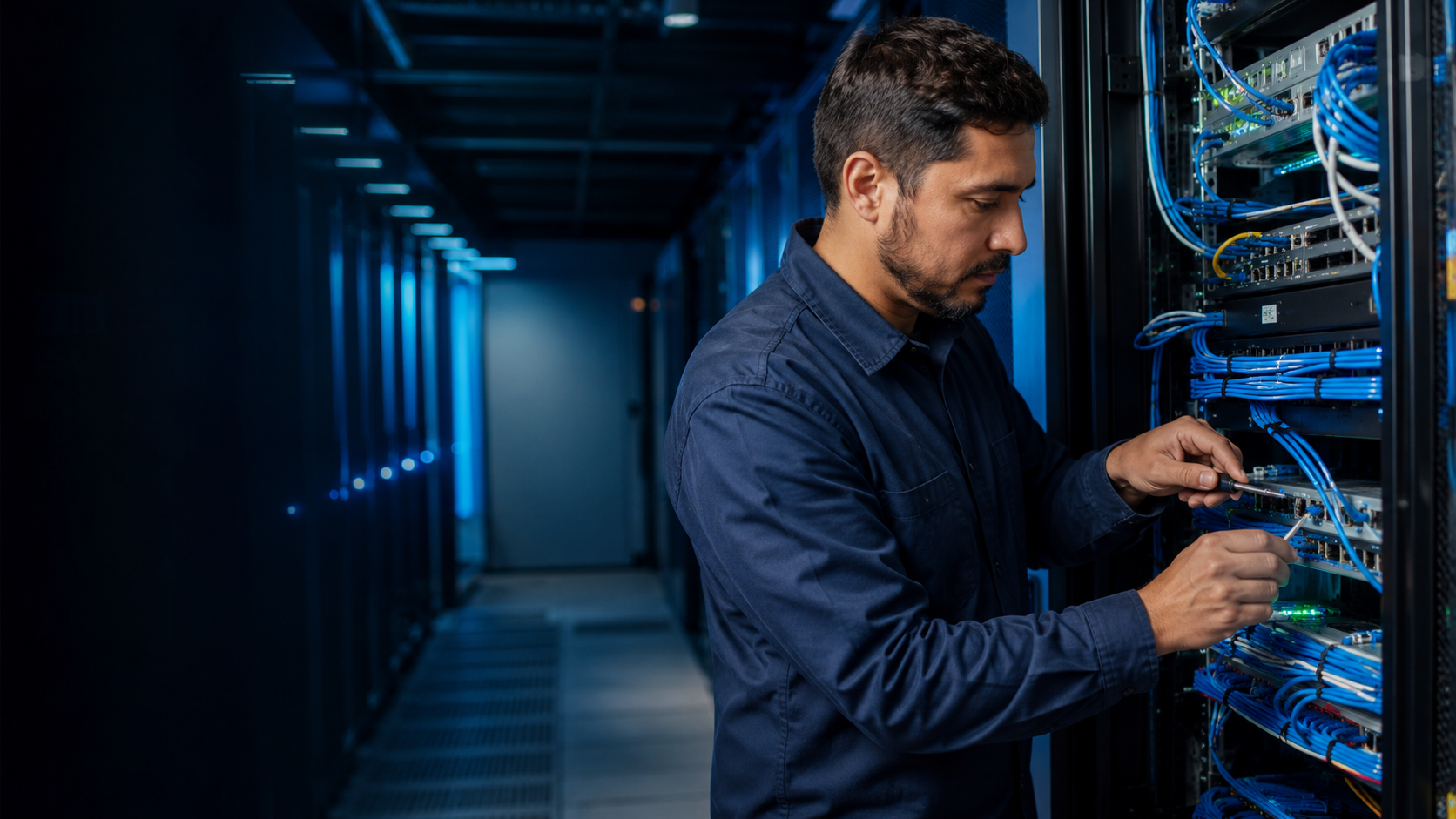 Técnico da MB Tech trabalhando em infraestrutura de datacenter